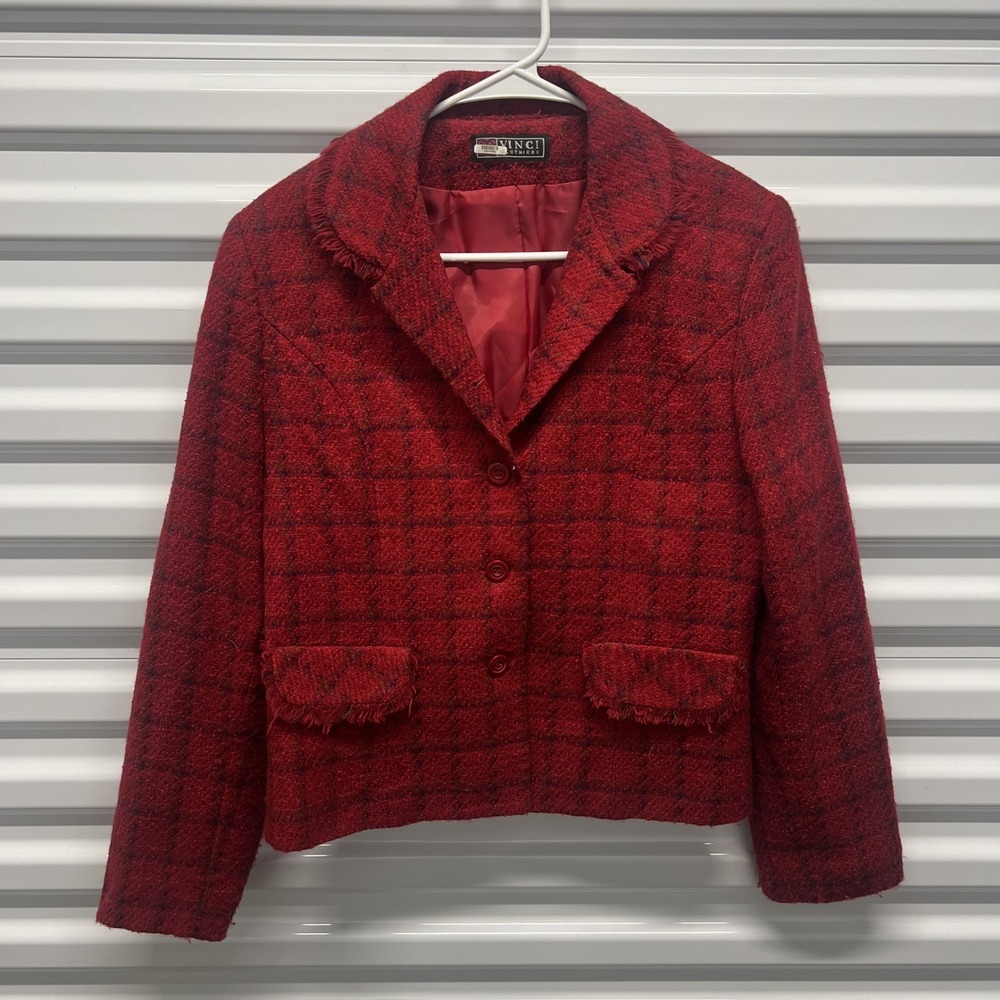 Vinci Clothiers Red Plaid Tweed Fringe Blazer Jacket Womens Size Unknown